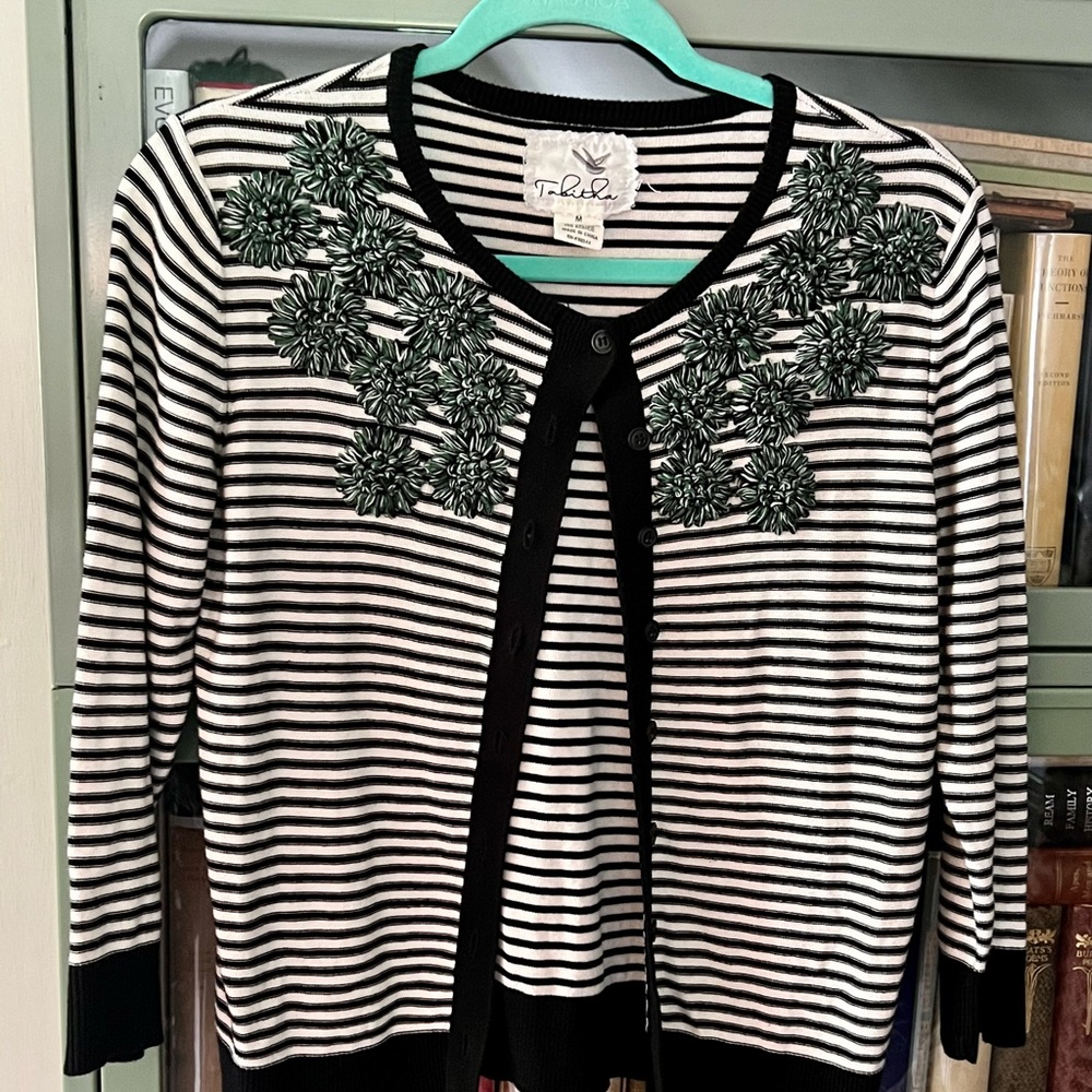 Tabitha Black and White Striped Floral Appliqué Cardigan